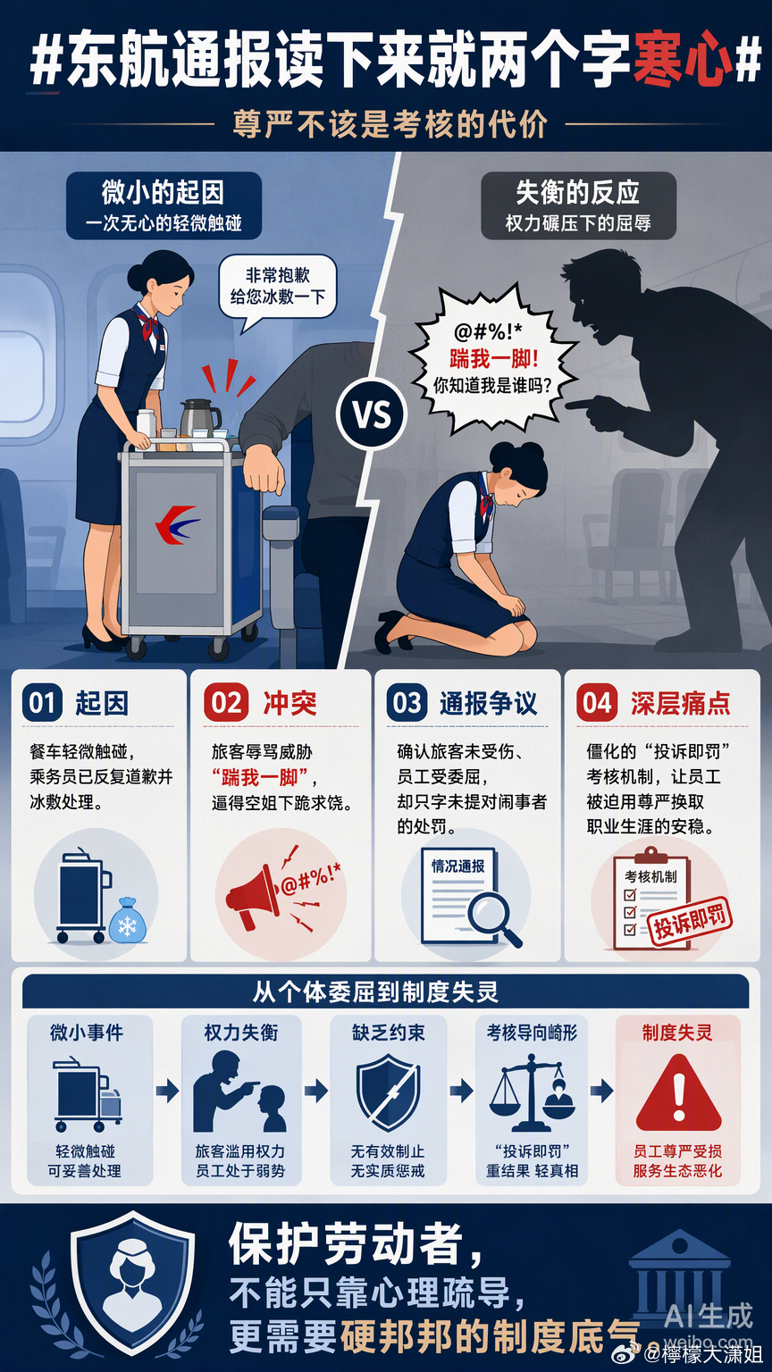 餐车轻轻蹭了一下手肘，乘务员反复道歉，换来的却是逼她下跪的咆哮。

这起东航纠纷里，最让人心里发紧的不是那个乘客的嚣张，而是空姐那句“踹我一脚”。在万米高空的密闭空间里，当专业训练抵不过对方的撒泼打滚，当公司的考核机制把“投诉”等同于“事故”，一线员工为了息事宁人，往往只能交出自己 ​