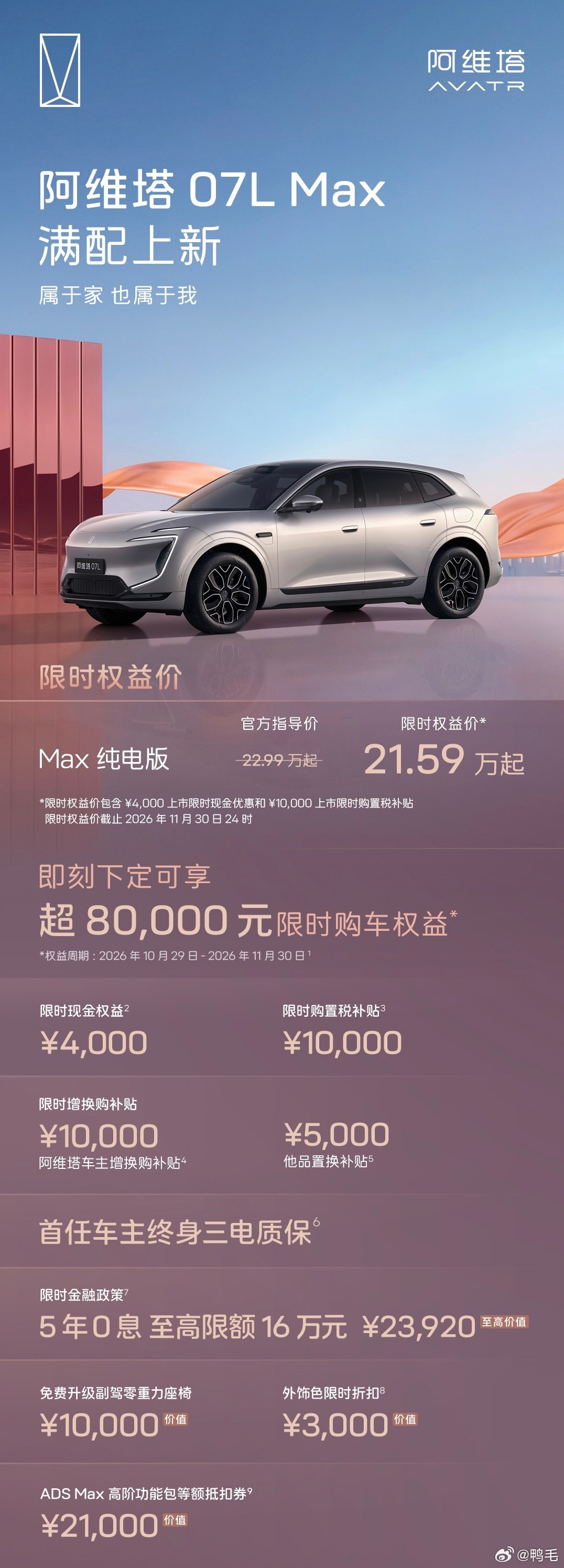 取消发布会直接发价格就是快~

阿维塔07L Max纯电版上市了，官方指导价22.99万，限时权益价21.59万。

这车最抓人的点就是上了华为乾崑896线图像级激光雷达和ADS 5，辅助驾驶直接一步到位。

这个价格，你们觉得怎么样？[doge]

#阿维塔07LMax满配上新# ​