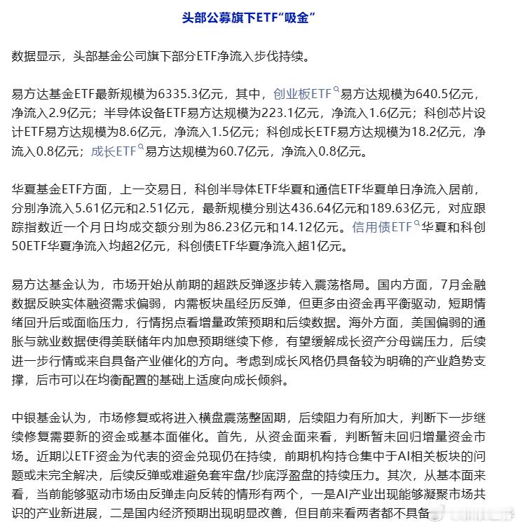 【#股票ETF净流出超130亿元# 】8月18日，A股三大指数走势出现分化。震荡行情下，部分资金择机离场。当日，全市场股票ETF（含跨境ETF）资金净流出超130亿元，半导体、通信等行业主题ETF净流入靠前。 过去五个交易日，资金流入半导体材料设备指数相关ETF超24亿元，证券公司相关ETF“吸金”超16亿元。

Wi ​
