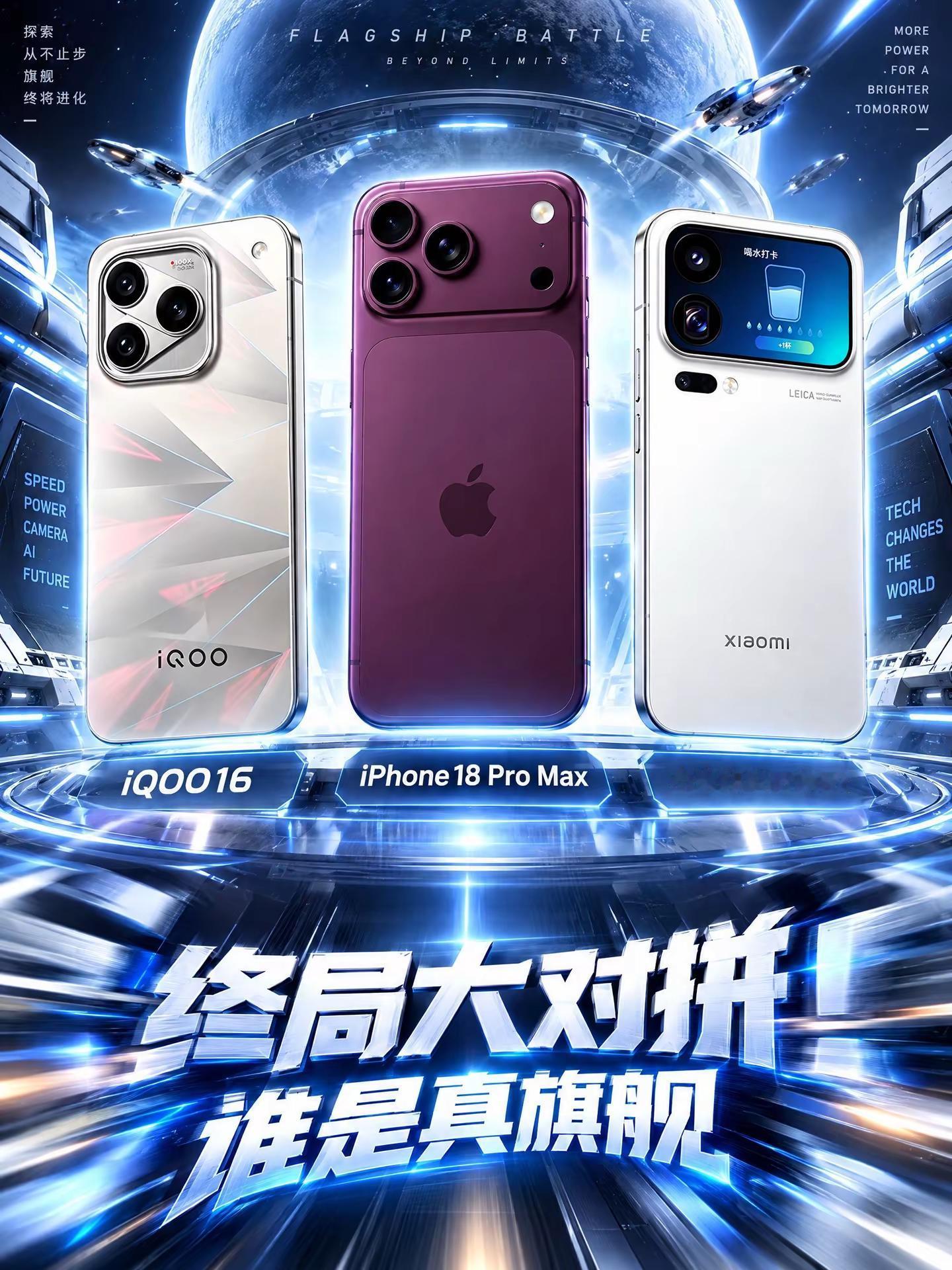 旗舰之战·终局大对拼！谁才是真旗舰？👨。三大旗舰降临星舰平台，三强集结只为更好的移动未来。今天指挥官带你看透参数迷雾，不玩虚的，直接出具终局裁决👇🖥️【星舰视窗：穿透星际的亮度】iQOO 16：6.85英寸 2K 165Hz 三星M16材质珠峰屏，全局峰值2800nit，局部10000nit！iPh