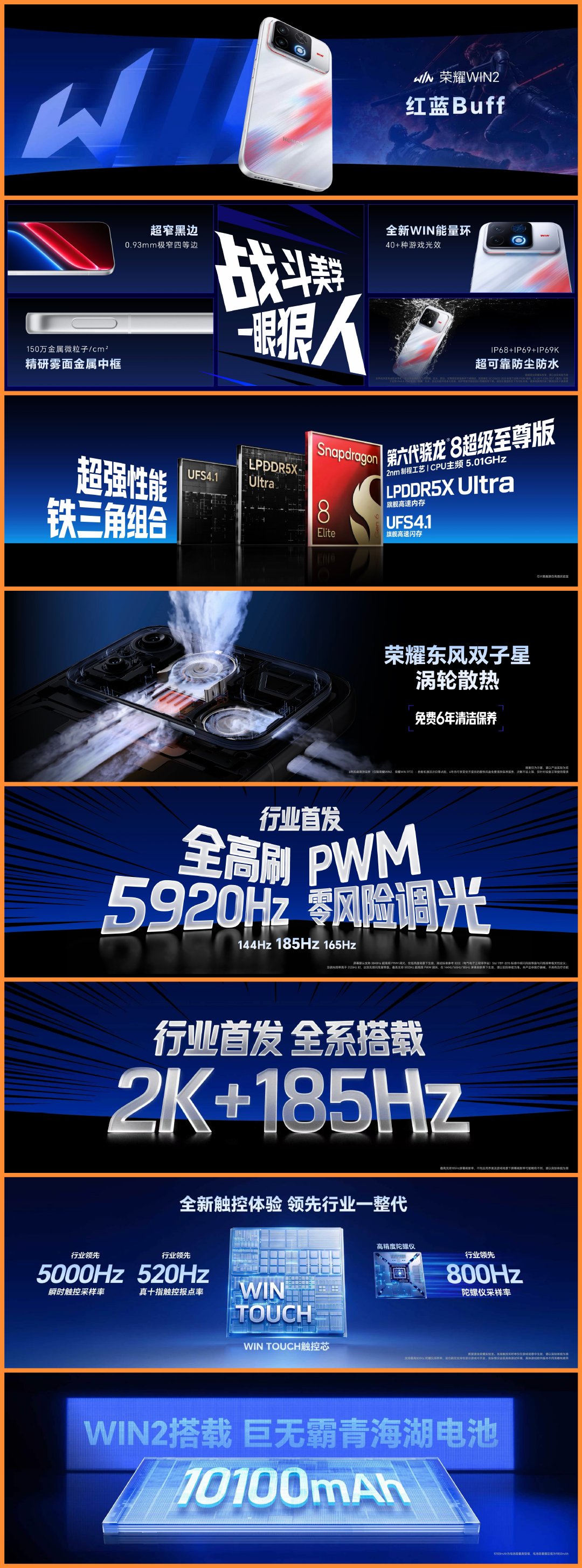 荣耀发布会说，荣耀WIN 2系列，是1000个字以内最好的手机，的确如此，处理器、屏幕、电池，全方位升级，最重要的是两个风扇，散热更快，游戏更稳，年度T0电竞夯机只看荣耀WIN2
#荣耀WIN2##荣耀WIN2年度T0电竞夯机# ​