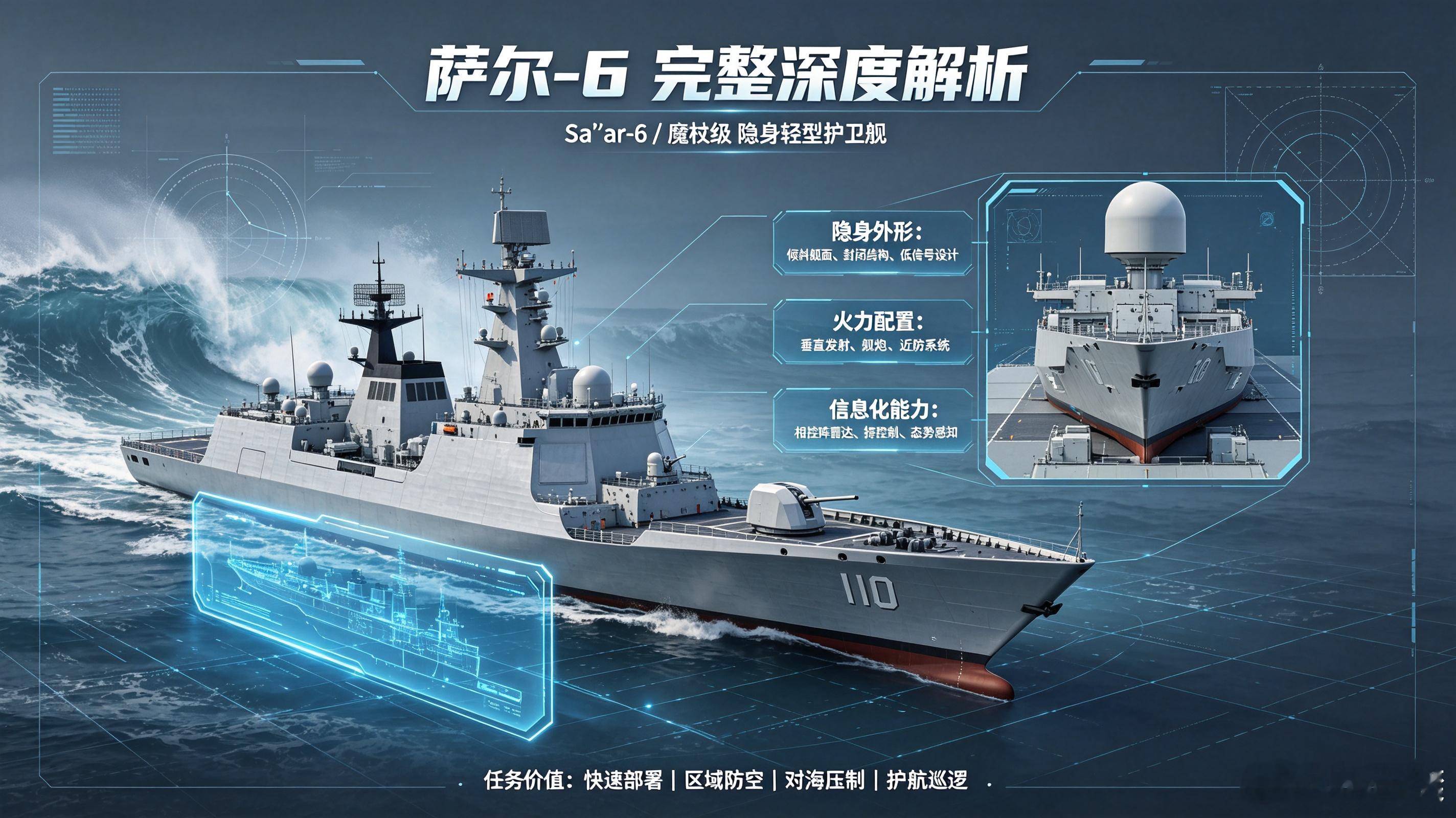 #军事ai新视野# 以色列萨尔‑6（Sa’ar‑6 / 魔杖级）隐身轻型护卫舰#ai热力追踪# 
 
定位：以色列海军现役最强水面作战舰艇；基于德国MEKO-A100（布劳恩施威格级）平台改进，德国建造舰体动力、以色列全套安装自研雷达、作战系统与舰载武器；4艘全部建成服役，专门用于保护地中海离岸天然气平台、专属 ​