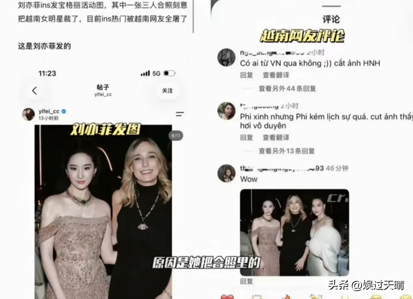 刘亦菲在ins上晒宝格丽晚宴合影时，将合影里越南女星胡玉荷裁掉了，只保留了自己和宝格丽CEO两个人的画面。这张照片在海外引起了不小的争议，不少越南网友骂刘亦菲没礼貌，格局小。

因为之前胡玉荷曾公开夸赞过刘亦菲，俩人因为都是宝格丽的代言人也不是第一次见面了，刘亦菲晒照片完全可以大大方方的晒三人合影，