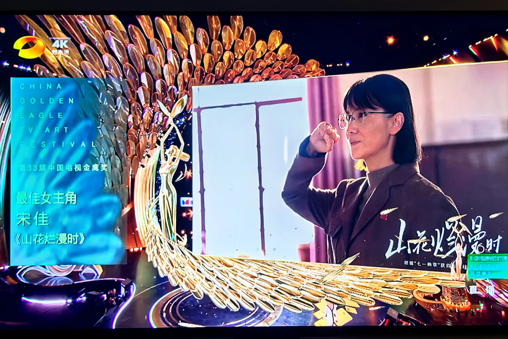 宋佳拿奖，朱亚文在台下哭得比她还凶。
这届金鹰奖，终于不玩花活了。
宋佳二封视后，靠的是《山花烂漫时》里的张桂梅。上台第一句话，没谢导演没谢平台，先把同台入围的女演员挨个致敬了一遍，说大家对角色的赤诚不分高下。
然后她提了2010年，自己第一次带《闯关东》来金鹰节，何炅当众喊她我们的仙儿。十六
