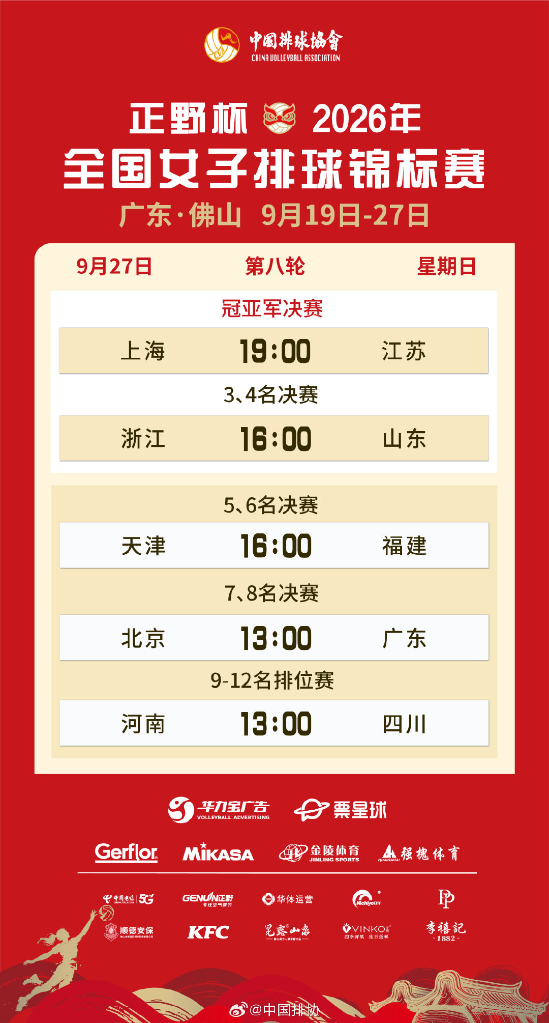 9月27日，正野杯#2026年全国女排锦标赛# 收官在即。冠军花落谁家，我们共同见证！[不愧是你]赛程👇 ​​​
