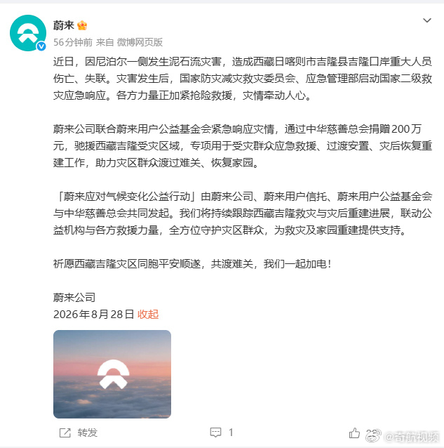 #蔚来捐赠200万元驰援西藏吉隆#8月28日，蔚来发文称：近日，因尼泊尔一侧发生泥石流灾害，造成西藏日喀则市吉隆县吉隆口岸重大人员伤亡、失联。灾害发生后，国家防灾减灾救灾委员会、应急管理部启动国家二级救灾应急响应。各方力量正加紧抢险救援，灾情牵动人心。
蔚来公司联合蔚来用户公益基金会紧急 ​