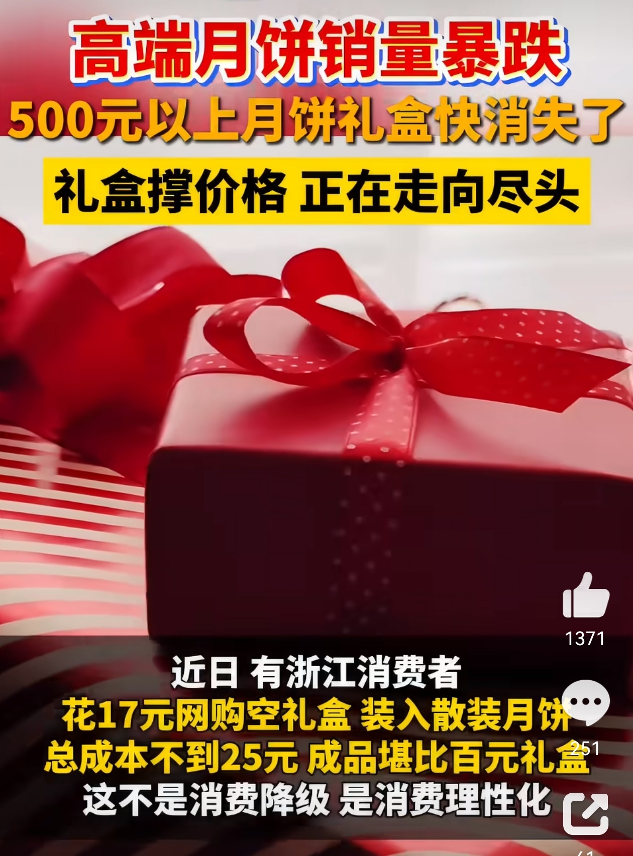 #月饼 卖不动# 千元月饼礼盒销量暴跌76%，500元以上礼盒占比跌至2%以内。有消费者花17元买空盒装散装月饼，总成本不到25元，成品堪比百元礼盒。

过去月饼卖的是“社交货币”，包装比月饼还贵。如今反对过度包装，消费者也看清了高端礼盒的本质。

“自己吃”的占比也首次超过了“送礼”，意味着月饼正 ​