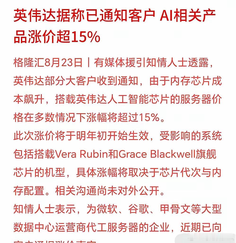 周日凌晨产业链实锤消息：
受HBM、内存芯片成本大幅上涨影响，英伟达明年初出货的AI服务器，整体价格普遍上调15%以上。
目前微软、谷歌、甲骨文等海外顶级云厂商，已经收到内部调价通知，只是尚未对外官宣，属于确定性极高的行业变化。

很多人还在盯着英伟达亮眼的财报、机构的高目标价，觉得AI高景气 ​