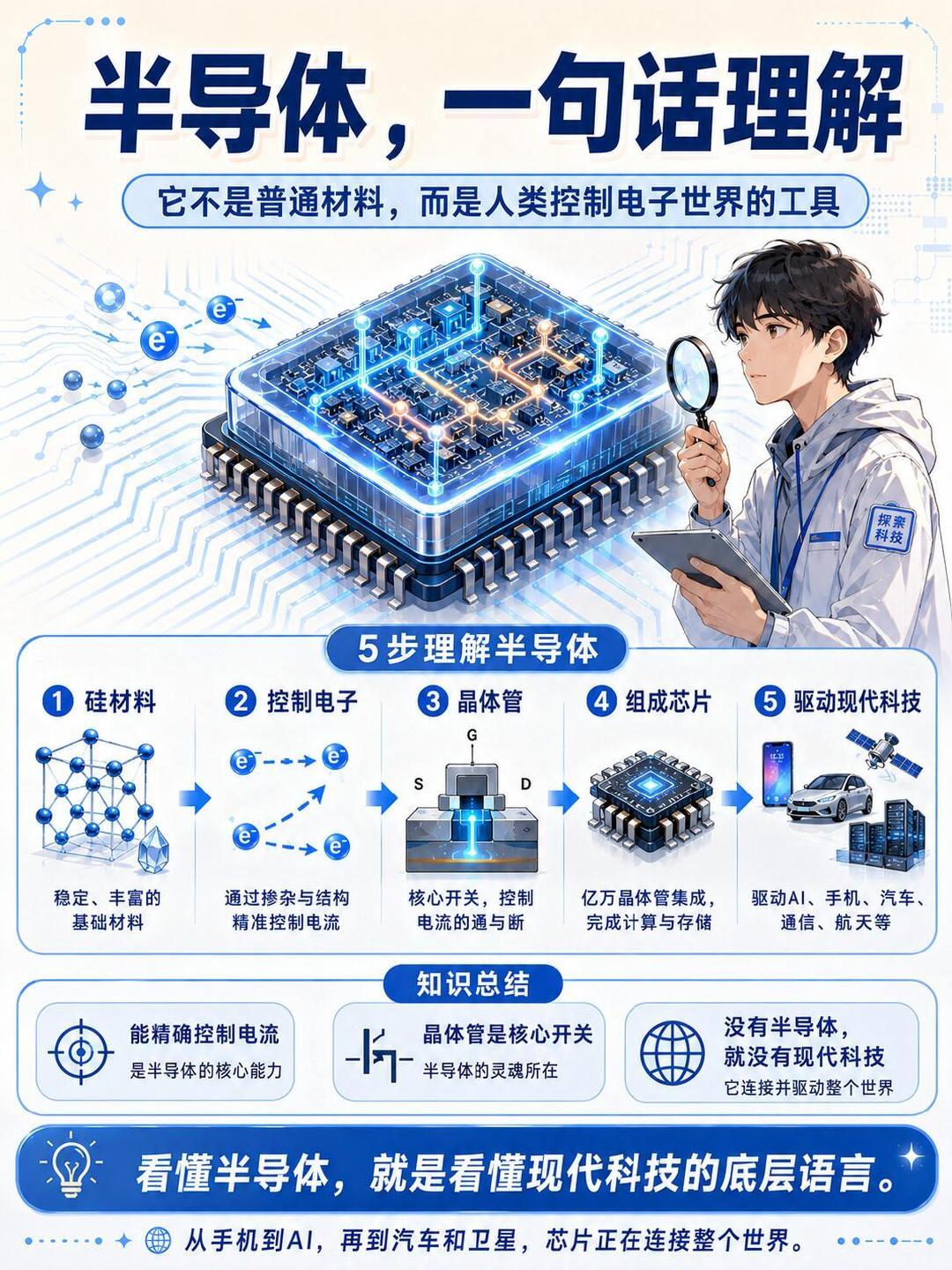 半导体到底是什么？
半导体 = 平时不导电，一刺激就导电的“戏精材料”。
再简单点：
导体（铜线）→ 随便过电
绝缘体（橡胶）→ 死活不过电
半导体（硅）→ 看你脸色过电 
没它？手机变砖头，电脑变板凳。
沙子提纯→硅片→芯片，身价翻亿倍#中国半导体两个好消息# ​