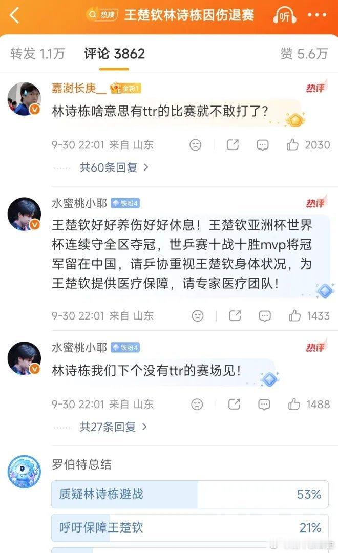 #王楚钦说现在打球一直在消耗#
同一纸WTT通告：王楚钦、林诗栋因伤退出中国大满贯。王楚钦那边是“好好养伤”；林诗栋这边却成了“怕欧洲人”“避战”“下个没TTR的赛场见”。同样的伤退，两种嘴脸，双标得刺眼。

林诗栋对勒布伦兄弟连败，是事实。但“输过”不等于“怕到装伤”。中间隔着肩袖肌腱炎 ​