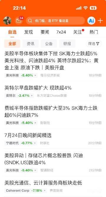 2026 年 7 月 24 日晚间，美股盘中存储、光通信模块等 AI ...