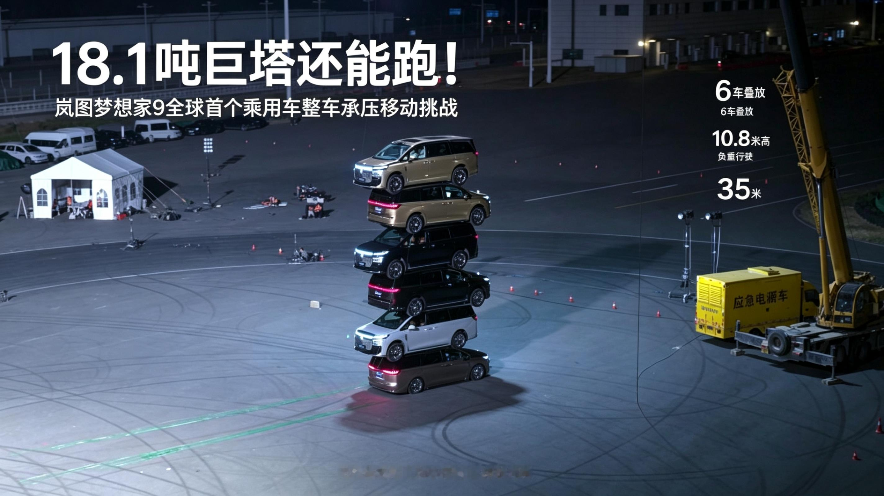 全球首个！岚图梦想家9移动叠塔挑战，6车叠放18.1吨负重行驶，看懂硬核测试背后的实力
9月20日，岚图官方发布梦想家9“移动叠塔”挑战视频，完成全球首个乘用车整车承压移动挑战。6台梦想家9垂直叠放，总重18.1吨，底层车辆背负整座车塔，负重行驶35米，平均速度4.5公里/小时，全程用时28秒，顺利