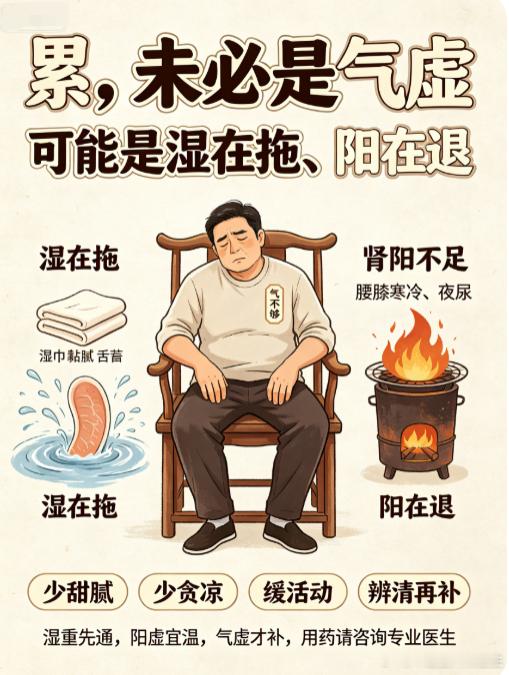累，未必是气虚，可能是湿在拖、阳在退#国医的精诚力量##中医式生活# 

很多人一觉得累，第一反应就是“我虚了”，于是黄芪、党参、人参、阿胶轮番上阵。补了几天，有人精神回来了，也有人反而更胀、更困、更不想动。问题出在哪？就出在“累”这个字太笼统。中医看累，至少要分几层：有的是真没劲，有 ​