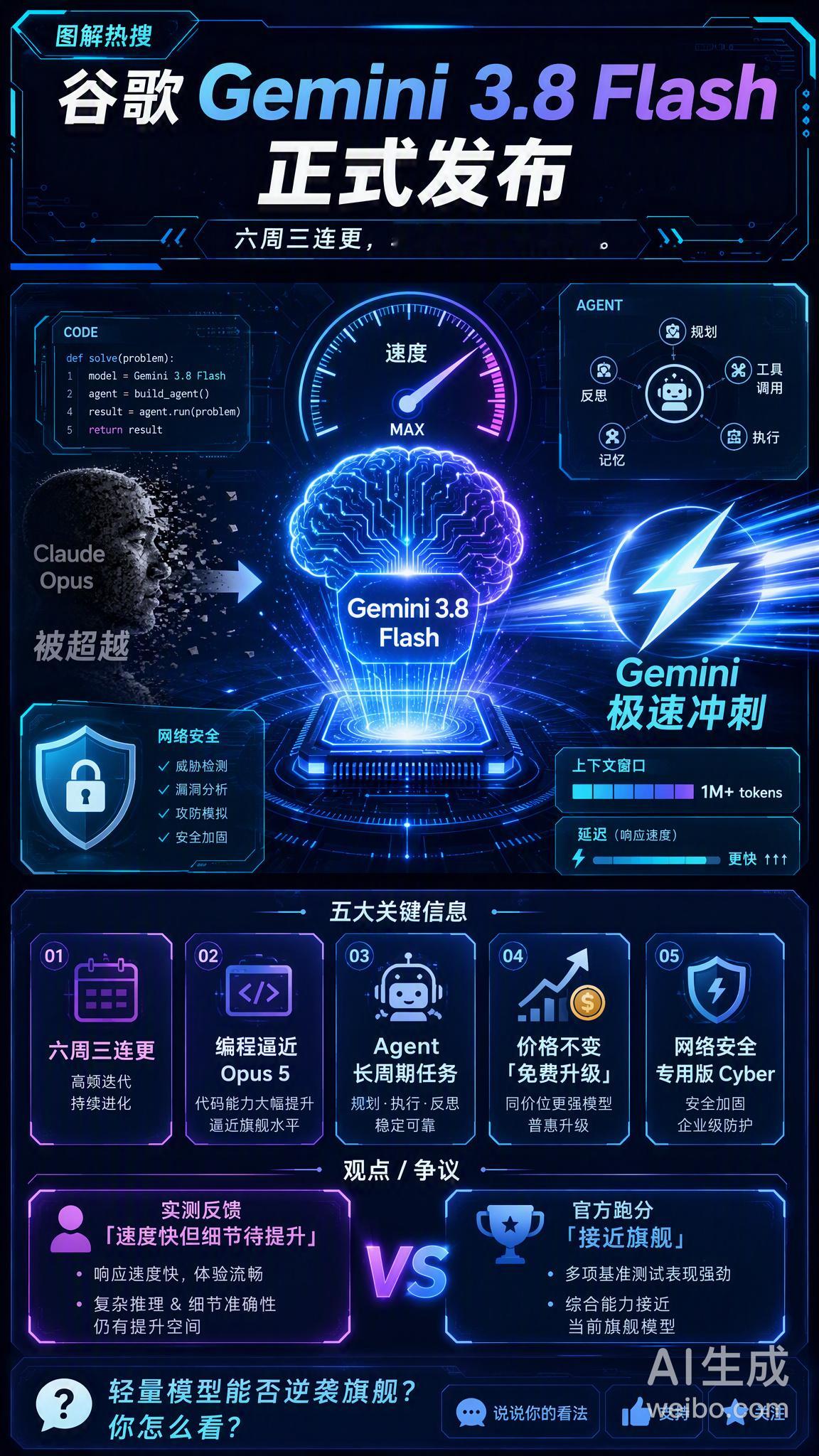 #谷歌正式发布Gemini3.8# 谷歌昨夜又放大招！Gemini 3.8 Flash 正式上线，这已经是六周内的第三款 Flash 模型了，迭代速度快到离谱。

几个值得关注的点：
· 编程能力大幅提升，内部测试显示部分工程师偏好已超过 Claude Opus
· 支持复杂 Agent 任务和长周期软件工程，能独立完成持续数小时的复杂工作
 ​