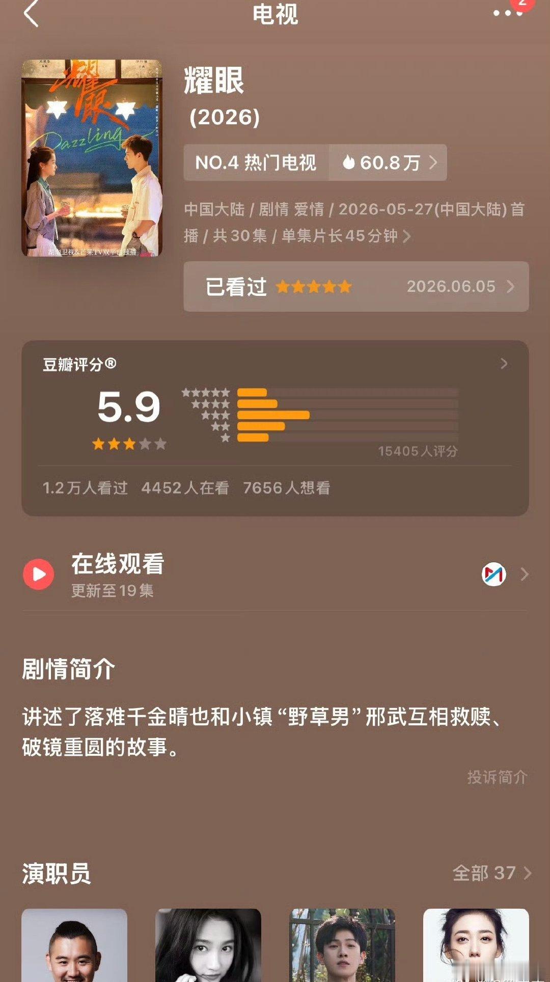 #早春晴朗豆瓣6.7分#早春晴朗豆瓣开分6.7
想起今年完整看完的从第一集看到最后一集的四部现偶：

早春晴朗 6.7集均4000w+（待定
钢铁森林7.0集均800w+
耀眼5.9集均1300w+
蜜语纪5.4集均3500w+ ​