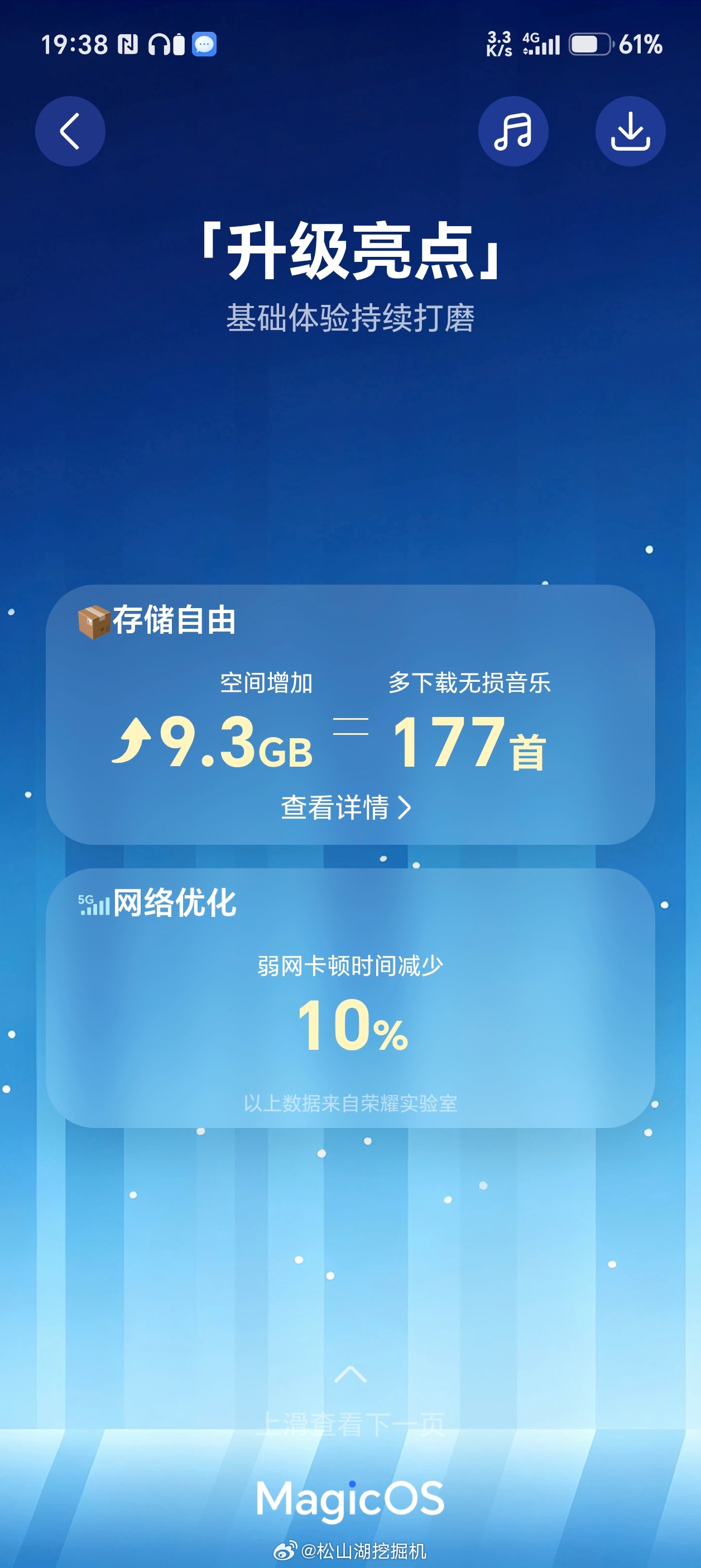 我的荣耀Magic8RSR在更新了MagicOS11以后升级故事告诉我又多了9.3G的存储空间，内存涨价以及对于喜欢旅游拍照的人来说，又多了很多空间来拍好玩好吃的了[打call]为什么我清理的不多，是因为我自己本来就喜欢定期整理手机上的文件和图片视频。无损压缩技术能够让很多照片和视频无需删除也能在紧急需要时 ​