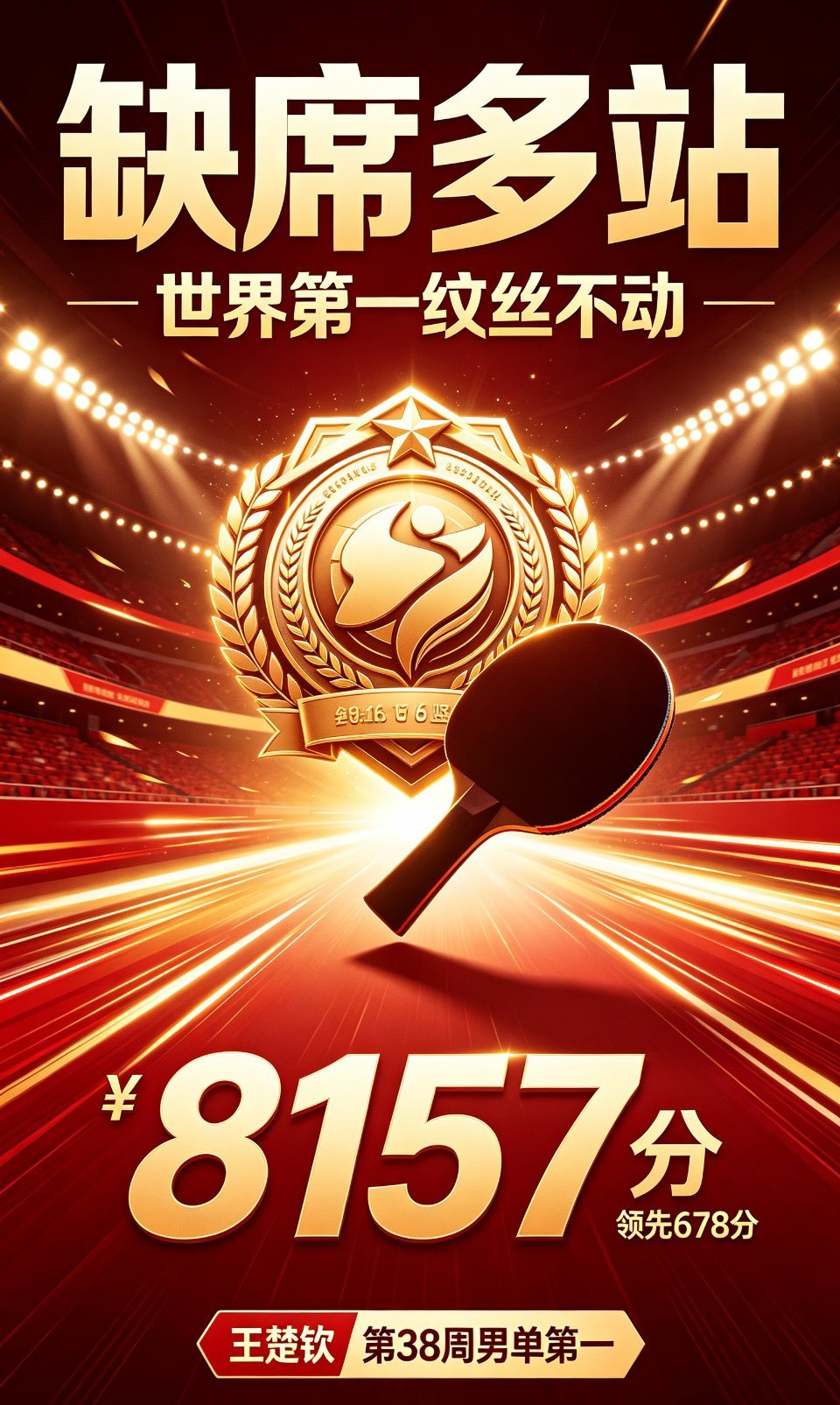 #王楚钦领跑男单#
太狠了！养伤缺席多站比赛，世界第一还是焊死在身上

最新乒联排名，王楚钦8157分依旧领跑，领先勒布伦678分。已经累计100周登顶，连续霸榜49周。前五只剩他一位国乒男单选手，手握12个WTT千分赛冠军，这统治力真的太强。 ​