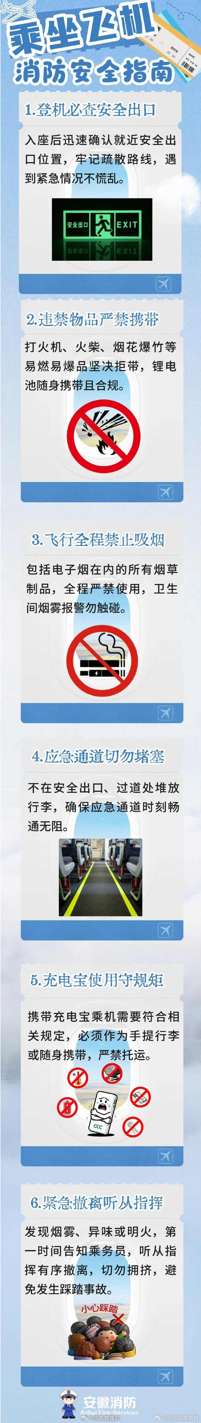 #中秋首日机场堪比过年#【乘机消防安全指南】这可能是中秋节最火的一次。受“请3休13”拼假潮拉动，大量原定国庆出发的长线客流提前至9月25日启程，与返乡探亲、周边微度假客流叠加，汇聚在路上。搭乘飞机，这些安全知识要记牢：登机后先熟悉安全出口与撤离路线，充电宝规范携带不托运，全程禁烟，不使 ​