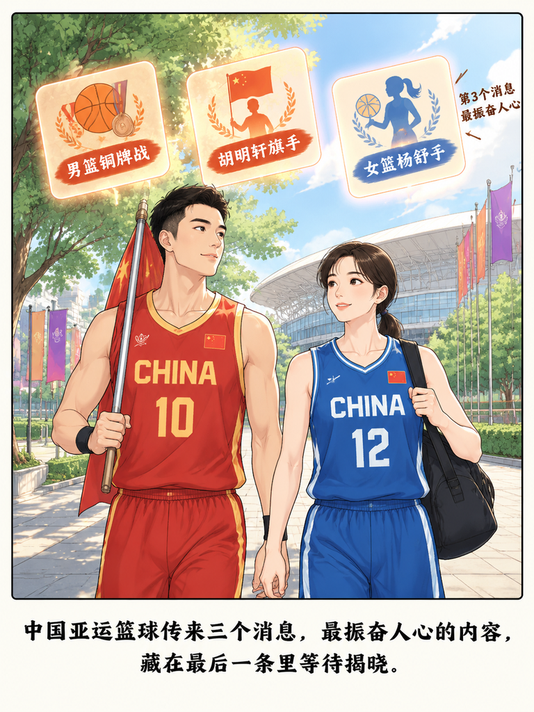 亚运篮球仨消息，最炸的那个连资深球迷都没料到。

男篮刚在半决赛惨败日本，队长胡明轩顶着压力当完亚运旗手，今天还要打铜牌战，目标是追平上届成绩。

没人想到，另一个男篮之外的消息才是本次亚运的真底气杨舒予带领的女篮赛前坦言有疲惫，但全队憋着劲拼，到底交出了怎样的答卷？