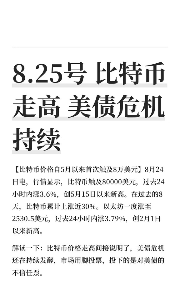 8.25号 比特币走高 美债危机持续