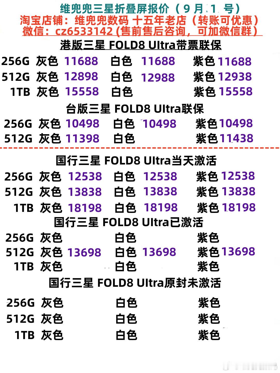 新款三星折叠屏FOLD8（9月1号报价）
新款三星折叠屏FOLD8系列，国行当天激活现场拍摄视频。港版单卡，不支持国内ESIM，国行单卡可支持国内ESIM，港版国行都可支持全国联保
#三星[超话]##三星zfold8﻿##三星手机##三星zfold8ultra# 
十五年老店，T B：维兜兜数码 ​​​