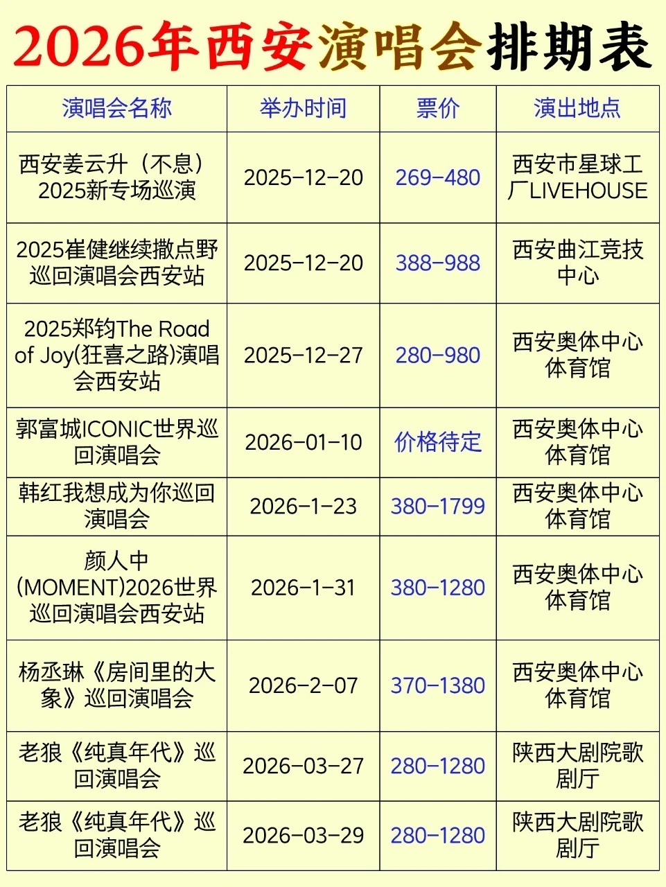 2026年西安演唱会参考&免费景点