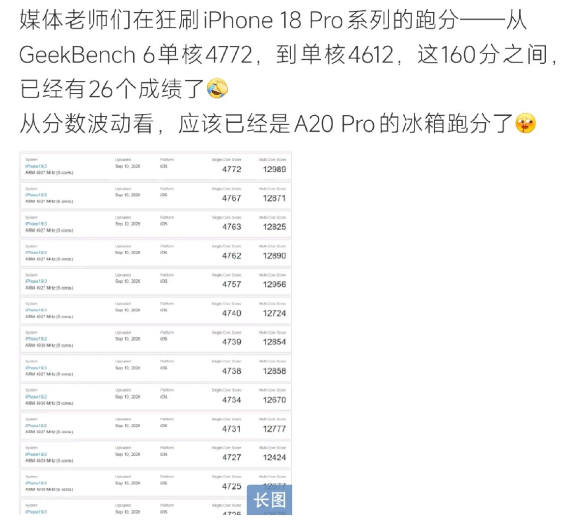 #苹果iPhone 18 Pro跑分曝光#iPhone18 Pro的A20 Pro跑分正式出炉，Geekbench单核4719分、多核12677分，单核断层领跑。安兔兔总分突破355万，相比上代暴涨56%。得益于2nm工艺+全新VC散热，大小Pro机型性能持平，没有大小核调度差距。 ​