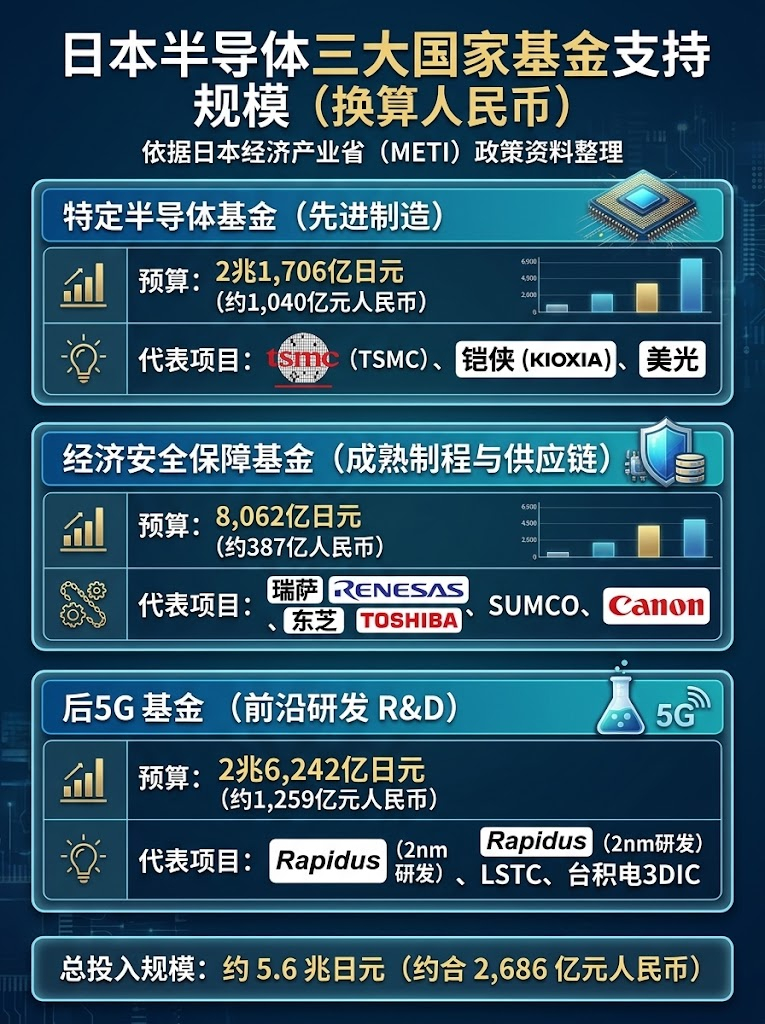 【日本5.6万亿重金砸向半导体！三大国家基金全景图解析】 

日本经济产业省（METI）公布了最新的半导体产业国家扶持方案，三大核心基金总预算高达 5.6兆日元（约合 2,686 亿元人民币）！

重金布局三大领域，打造本土产业链闭环：

🔹 1. 特定半导体基金（先进制造）

预算：2.17兆日元（约1,040亿元 ​