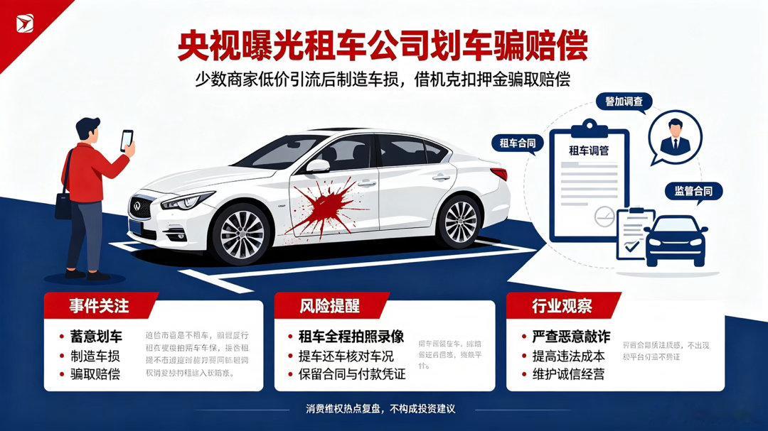 央视曝光的这起租车公司蓄意划车骗取赔偿的案子，看完让人心里不是滋味。本该是方便大家出行的租车服务，少数从业者却动起歪心思，先以低价引流，再人为制造车损，借机克扣押金，这已经不是普通消费纠纷，而是涉嫌违法。

我们不能因为这少数乱象，就全盘否定整个租车行业，绝大多数租车商家都是守法经 ​