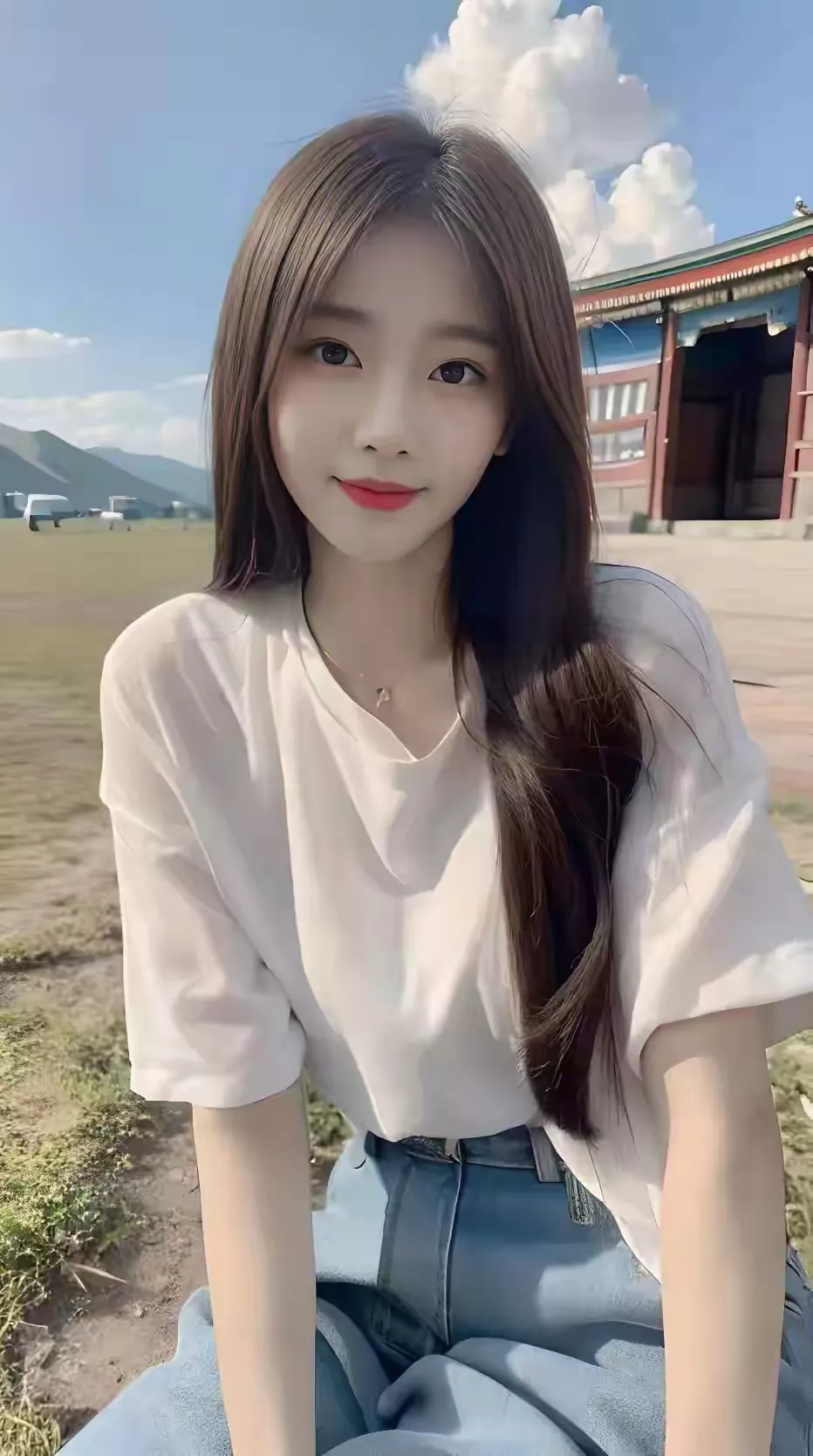 少女甜美自拍，蓝天白云下，温柔笑颜。