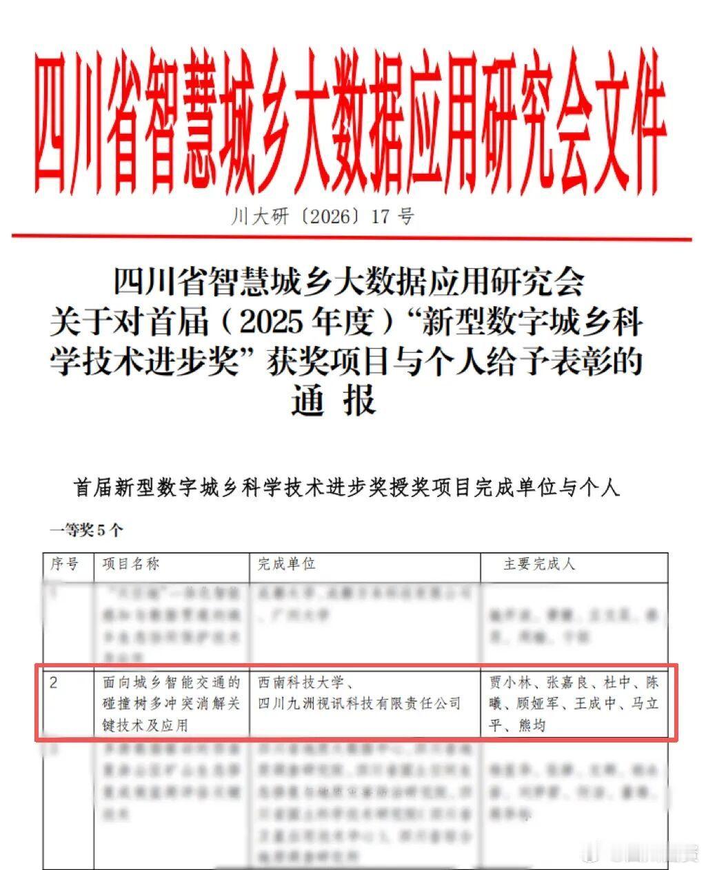 #四川国资# 【九天具身智能荣获首届省新型数字城乡科技进步奖一等奖】近日，四川省智慧城乡大数据应用研究会发布首届新型数字城乡科学技术进步奖获奖项目名单，由九天具身智能旗下九洲视讯联合西南科技大学申报的《面向城乡智能交通的碰撞树多冲突消解关键技术及应用》项目，经专家网上盲评、专家委员 ​