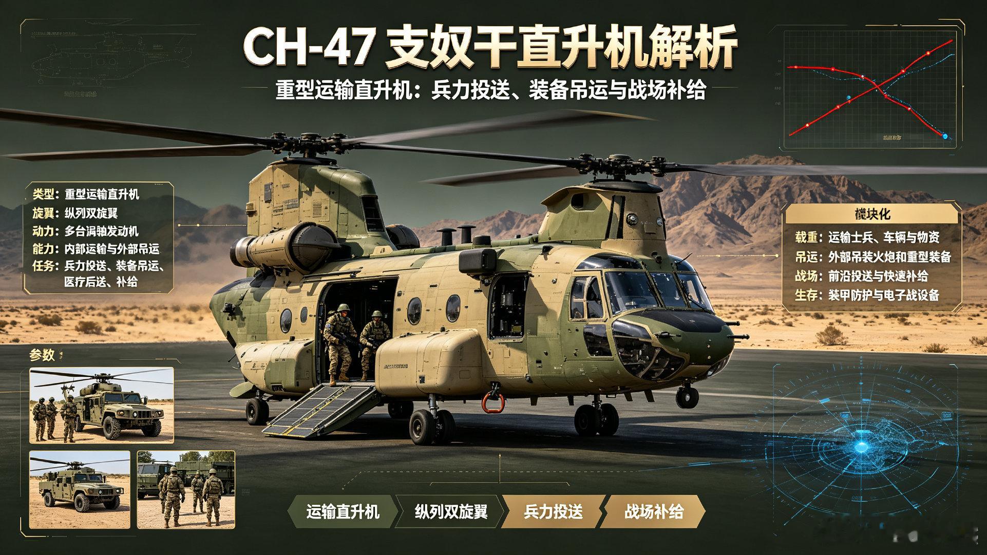 CH-47支奴干，美军重型运输直升机。纵列双旋翼提供强劲升力，可内部运载士兵和车辆，也可外部吊装火炮与重型装备，适合兵力投送、战场补给和医疗后送。
 
#每天认识一件兵器##军事ai新视野##全球武器装备盘点# ​