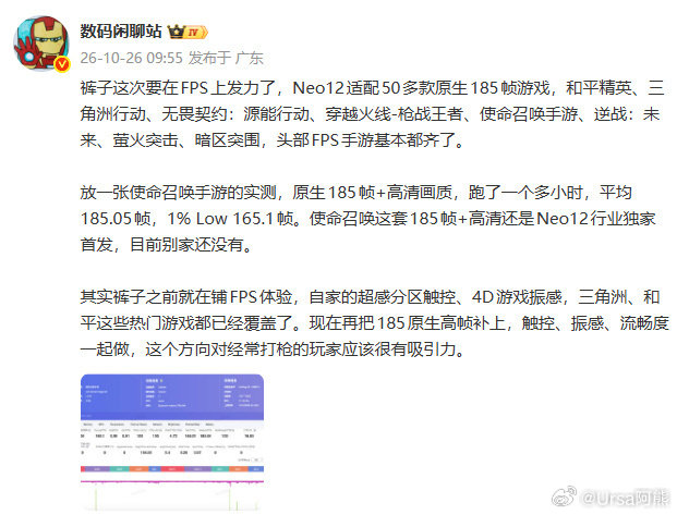iQOO Neo12 现在原生185帧直接覆盖五十多款枪战手游，主流射击游戏基本都安排上了！！！
CODM，原生185帧+高清画质实测一小时多帧率 稳，这个配置现在别家还没有[流鼻血] ​