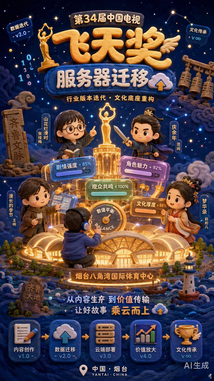 飞天奖这波“服务器迁移”到烟台，像极了国家级奖项在版本末期进行的一次底层架构重构。

四十多年来首次走出北京，把颁奖典礼搬进黄渤海新区的八角湾体育中心，这不仅是地理位置的切换，更是对行业生态的一次系统性扩容。红毯上撤掉交响乐团，换上山东孔子礼乐和鲁源编钟，这种用齐鲁文化底色替换传统 ​