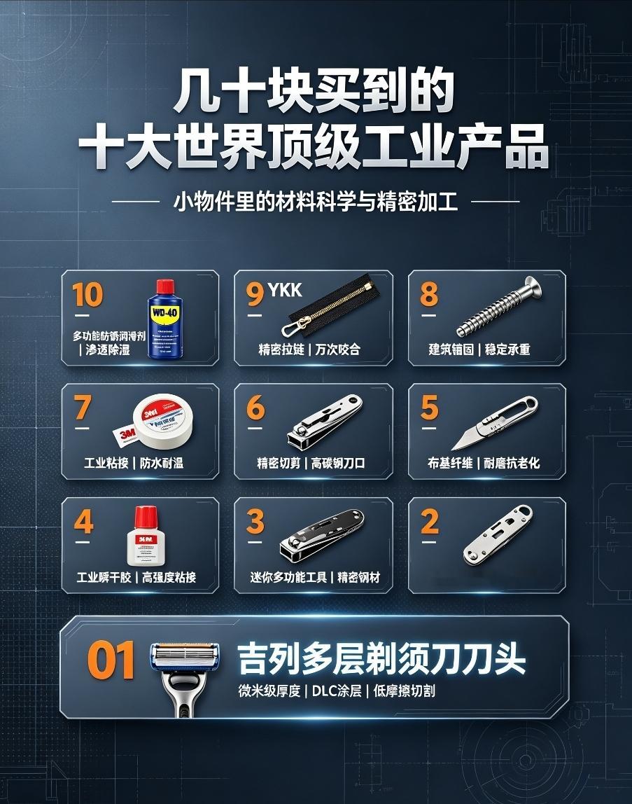 十大世界顶级工业产品，藏在日常里的精密奇迹！
这十件东西，外表朴素，没有炫酷外观，却代表各自领域全球顶尖的工业水平。现代工业最厉害的地方，就是把航天、汽车、精密制造的高端技术，压缩成普通人几十元就能买到的小件。
但也要提醒：工业产品都有它的设计使用边界，不要超工况使用，安全第一。你认为还有什么评论区