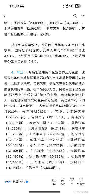5 月小米汽车销量 32759 辆，小米 su7 纯电销量 第三名（2...