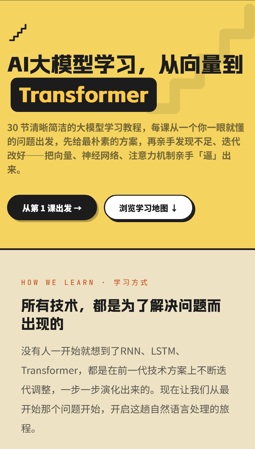AI大模型学习，从向量到Transformer
30 节清晰简洁的大模型学习教程，每课从一个你一眼就懂的问题出发，先给最朴素的方案，再亲手发现不足、迭代改好——把向量、神经网络、注意力机制亲手「逼」出来。 ​