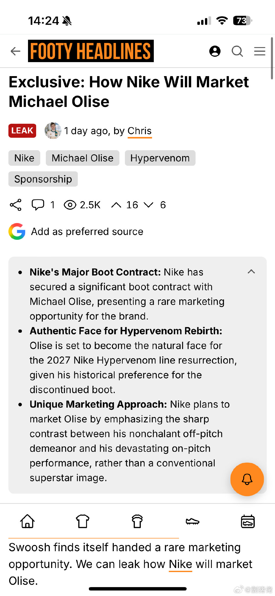 footyheadlines 3天发了6条关于奥利塞签约Nike的消息，目前足球装备圈关注度最高的话题。 ​