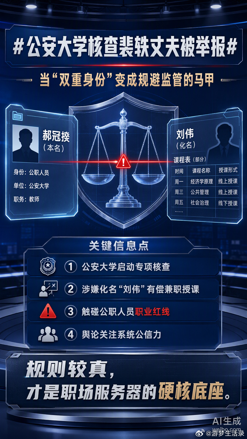 游戏里最忌讳的就是开挂或者用小号破坏平衡，现实里的职业规则其实也一样。

公安大学副教授郝冠揆被举报入职后化名“刘伟”在外有偿授课，这事儿之所以引发关注，是因为它触碰了公职人员不得违规兼职的红线。从北理工裴轶被解聘的导火索，到网友顺藤摸瓜扒出丈夫的“马甲”操作，大家反感的不是正常的 ​