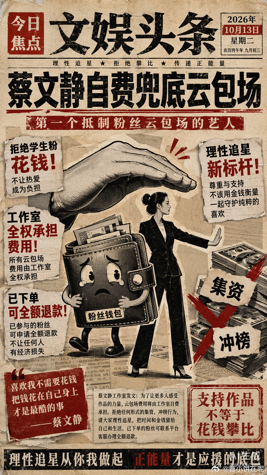 蔡文静这波自费承担云包场费用，像极了艺人在饭圈“数值膨胀”版本中主动发起的一次底层逻辑重构。

当大多数艺人还在默许粉丝通过集资冲榜来维持热度时，她直接切断了这条非理性的资金链路。考虑到很多粉丝还是学生，这种反向兜底的操作本质上是在保护年轻群体的财务容错率。在娱乐产业这场漫长的赛季 ​