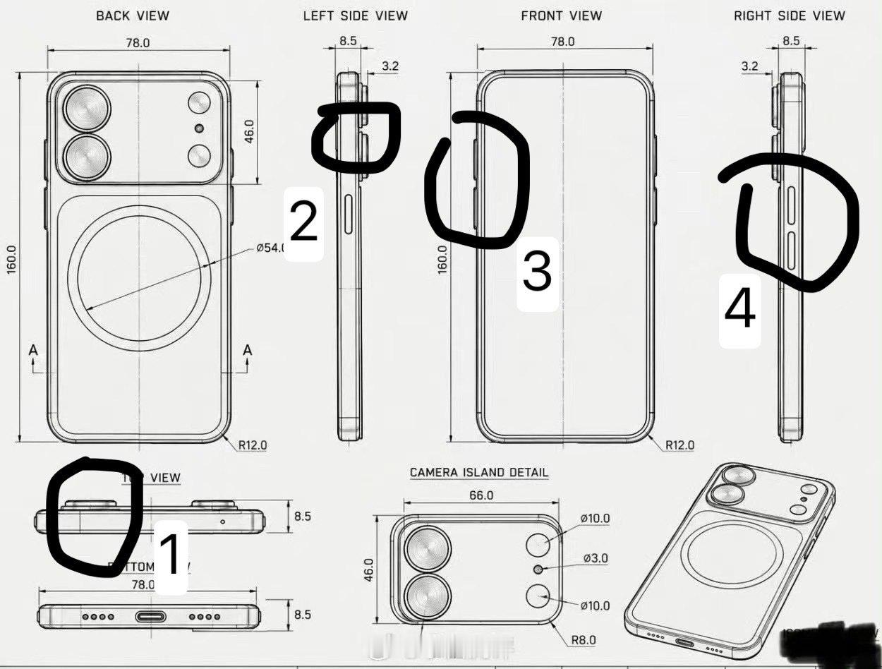 #iPhone18外观曝光#
这个图太假了
1、顶视图不对吧，两个凸起
2、取消相机键
3、左边两个键没有功能键，右边也两个对称按键
4、没有功能键 ​