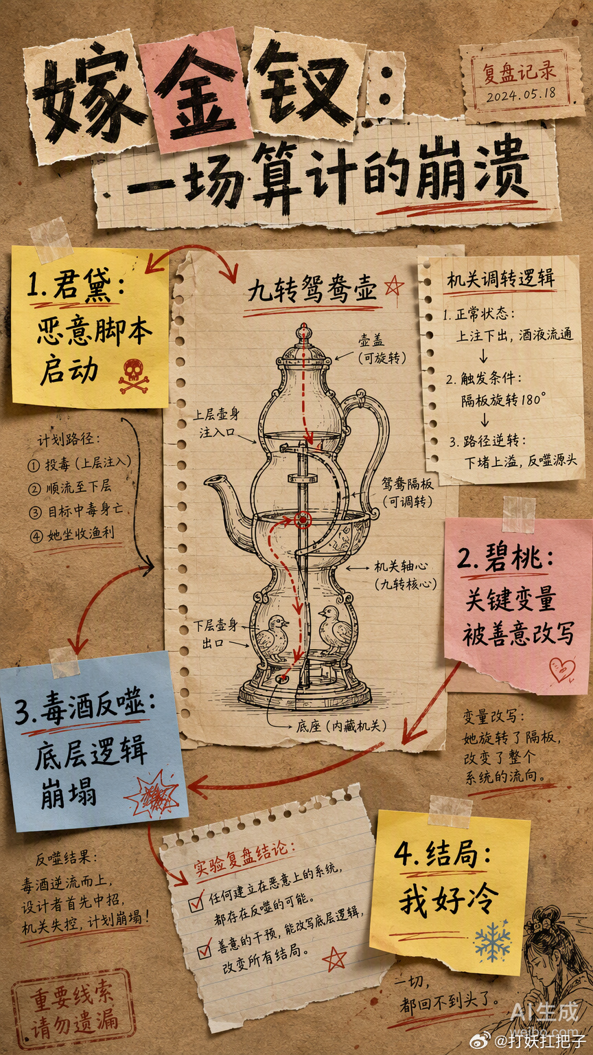 谁懂这种在精密算计中突然迎来“底层逻辑崩塌”的宿命感。

《嫁金钗》大结局里，君黛拿着九转鸳鸯壶想给魏娆下毒，这操作像极了咱们给系统写了个恶意脚本，预设了“除掉真千金”的强制退出指令。在那种以为掌握了全局、结果却被后台进程反向锁定的拉锯期里，其实是在积攒一股对人性 Bug 的探索劲儿。
 ​