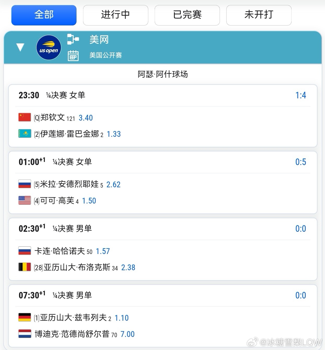 #郑钦文vs莱巴金娜# 
📆2026.09.09 美网🏆 【赛事动态】

女单1/4决赛钦文赛程安排👇

✅⏰ - 当地时间09月09日上午11:30 (北京时间晚上 23:30)第一场进行。

✅📍 -  阿瑟·阿什中心球场

✅📊 交手记录:  1-4

我们继续专注每一分，放手去拼，勇敢向前！加油钦文！[加油][加油][加油]
 ​