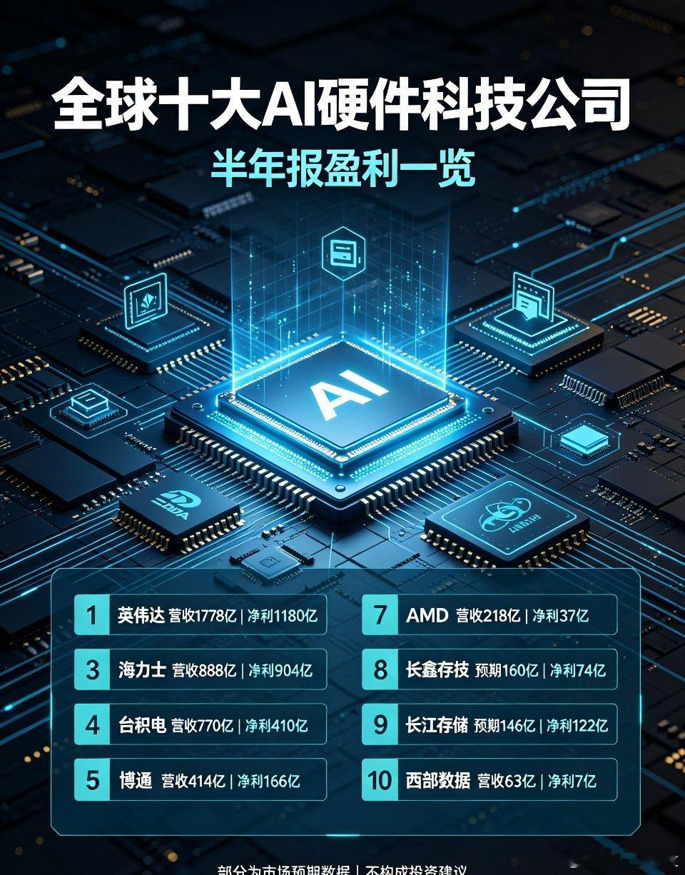 全球十大AI硬件巨头半年报，谁赚得最多？
 
AI硬件红利爆发，整理全球十家头部企业半年营收&净利润，直观感受算力周期的赚钱效应。
 
1.英伟达：营收1778亿美元｜净利润1180亿美元
2.三星：营收2057亿美元｜净利润828亿美元
3.海力士：营收888亿美元｜净利润904亿美元（含铠侠股权处置收益，实际净利66 ​
