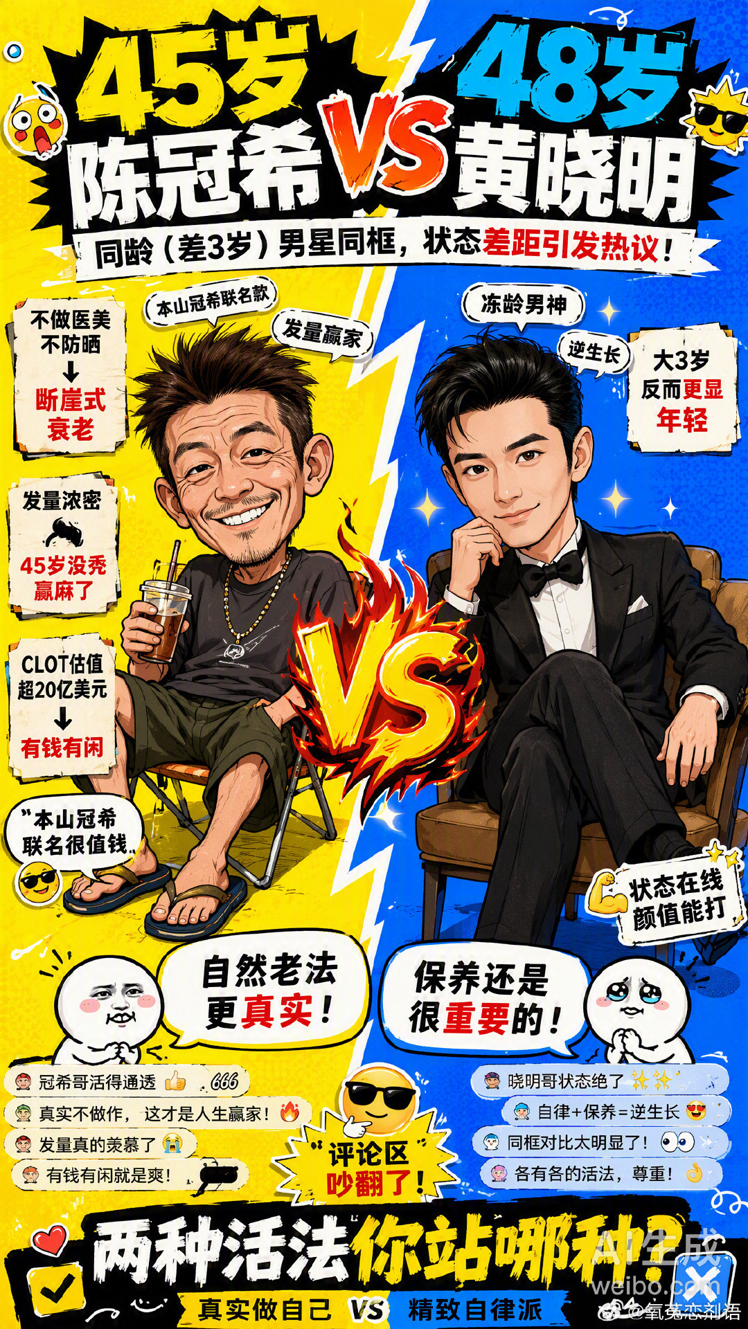 #45岁的陈冠希48岁的黄晓明#
陈冠希淡出娱乐圈后不再受偶像身份束缚，素颜出镜、不刻意保养，接纳岁月自然老去。本人曾豁达回应“撞脸赵本山”调侃：“联名款肯定卖爆。”
黄晓明长期坚持健身、护肤与外形管理，维持荧幕上的精致状态，近期还二战成功考上戏博士，不断突破舒适圈 ​