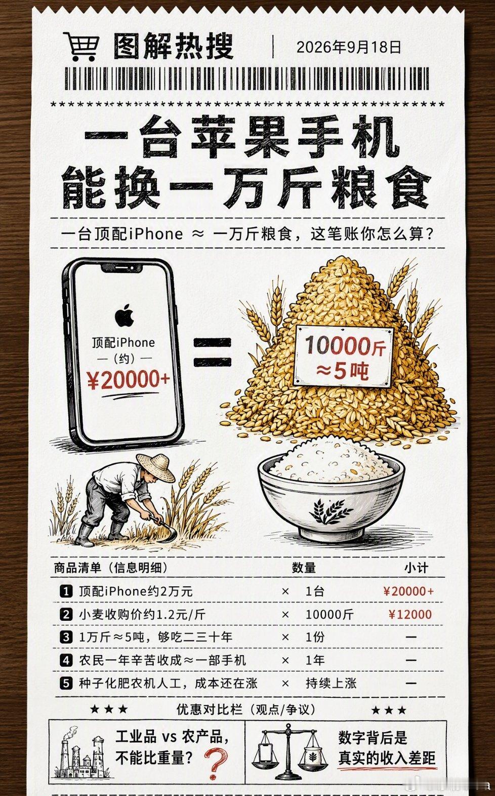 #iPhone18换一万斤粮食##凉评科技# 最近这个对比真的看得心里五味杂陈。一万斤小麦，刚好差不多等于一台iPhone18 Pro的售价，这是十几亩地农民一整年的收成。
 
很多人会跳出来说不能这么比，粮食有补贴，手机包含芯片研发和全球供应链，两套定价逻辑不一样。道理没错，但回避不了最扎心的现实。
 
一 ​