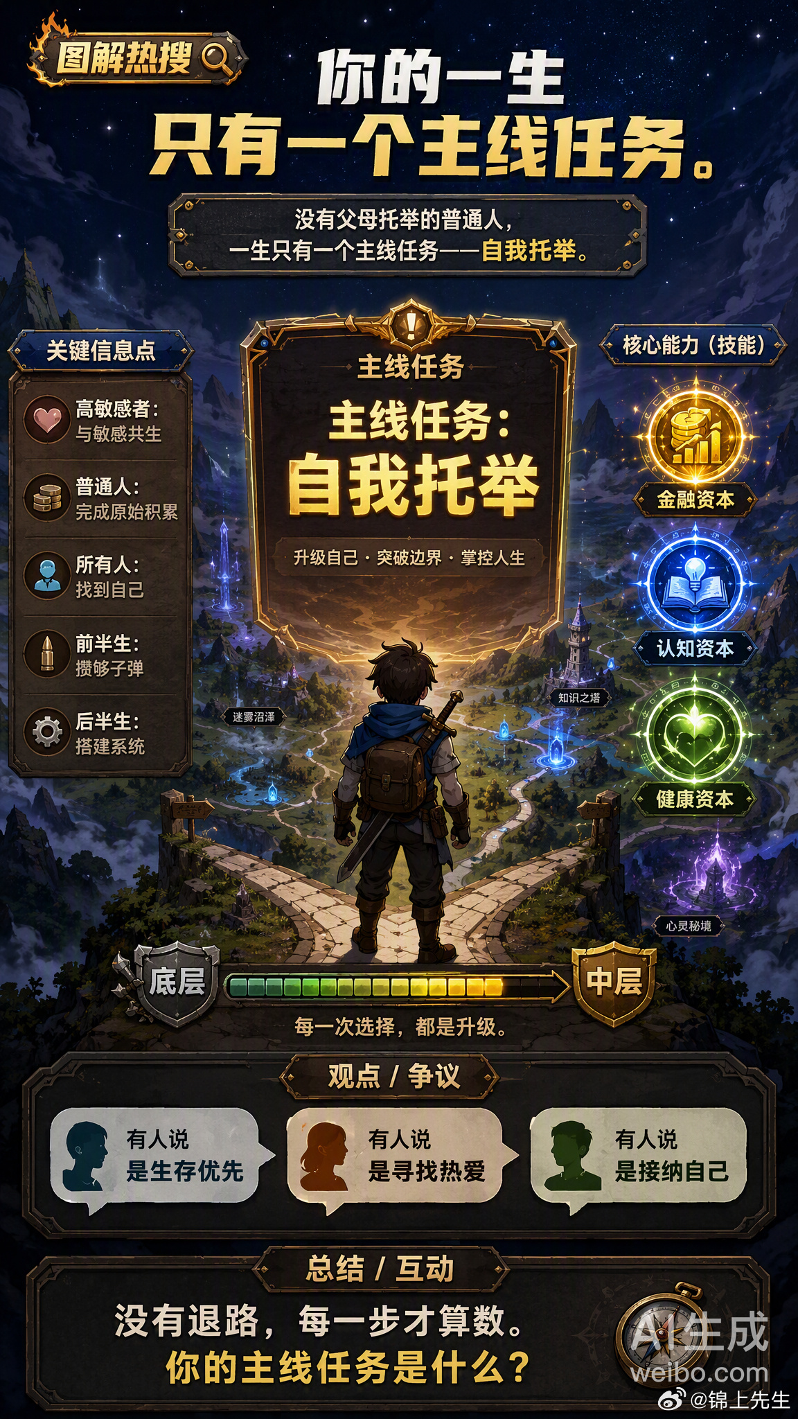 你的一生只有一个主线任务最近这个话题在热搜上引发了很多讨论。有人说普通人一生唯一的主线任务是「自我托举」——没有父母托举、没有资源兜底，每一步都得自己硬扛。但仔细看下来，这个话题其实分出了好几条支线👇🔹 对高敏感的人来说：主线任务是学会与敏感共生，把「内耗」变成「铠甲」，建立情绪边界，让细腻的感知力成为独一份的优势。🔹 对没有家庭托举的普通人来说：主线任务是先完成原始资本积累——金融、认知、健康三大基石，再搭建属于自己的「赚钱系统」。🔹 对所有人来说：最底层的共识可能是——找到自己，接纳自己，在有限的选择里，把主动权握在自己手里。听起来有点扎心，但换个角度：正因为没有退路，每一步才算数。你觉得自己现阶段的主线任务是什么？是攒钱？是找到热爱？还是学会与自己和解？情感热点创作激励计划