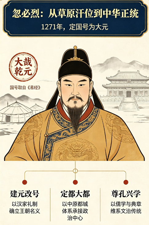 《忽必烈：接续中华文明的大元开国君主》
 
不少人误以为元朝割裂华夏文脉，实际上忽必烈主动承接中华正统，这是认识这段历史很关键的一点。
 
作为成吉思汗之孙，忽必烈和固守草原旧俗的蒙古贵族不一样。他早年接纳汉族儒臣的建议，明白要治理中原，就要沿用华夏典章。1271年，他取《易经》“大哉乾元”定国号为