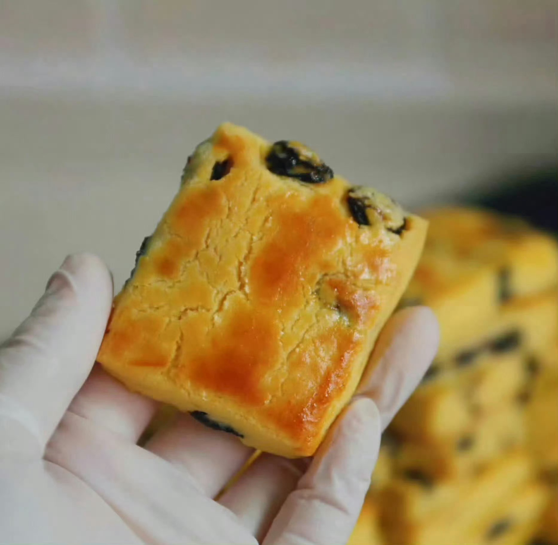 这次烤的奶酥除了黑加仑还加了蔓越莓，吃起来是酸甜的，更有层次，切得特别厚实。奶酥