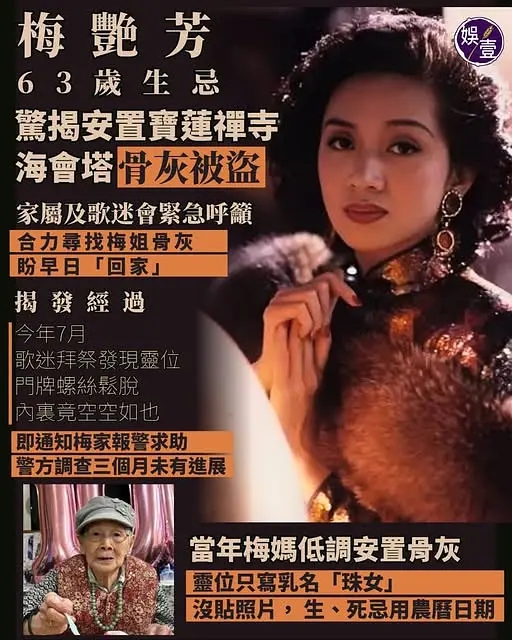 闻所未闻，怎么可能会有人偷骨灰？还是偷得梅艳芳的骨灰。她被安置在宝莲禅寺，家属发现骨灰被盗。已经报警了，三个月都没有进展。这个寺庙难道没有监控吗？问题是，这个灵位还只写了梅艳芳的乳名，只有家人及部分歌迷知道。到底图啥？这还能换钱吗？还真的能。原来这种事情香港发生过很多次，也是盗取骨灰，然后索要赎金。
